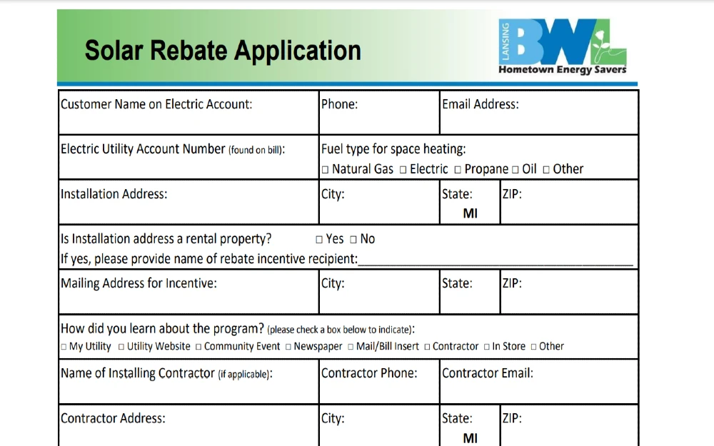 Screenshot of Lansing BWL website for forms showing a copy of Lansing BWL's solar rebate application form.